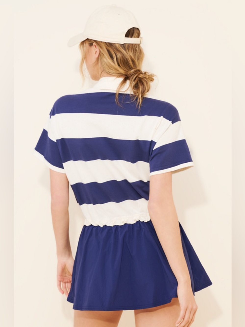 Daily Practice by Anthropologie Short Sleeve Ember Romper Striped Polo Navy - Picture 2 of 9